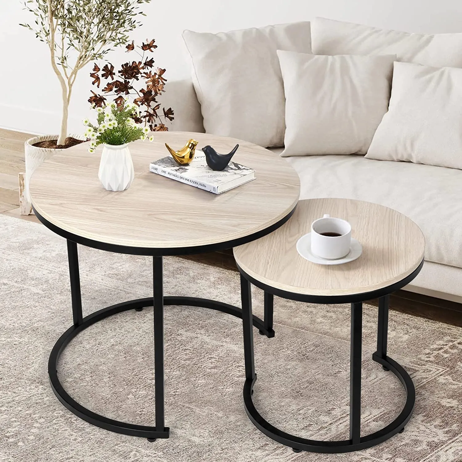 Modern Round Nesting Tables with Metal Frame (Set of 2)