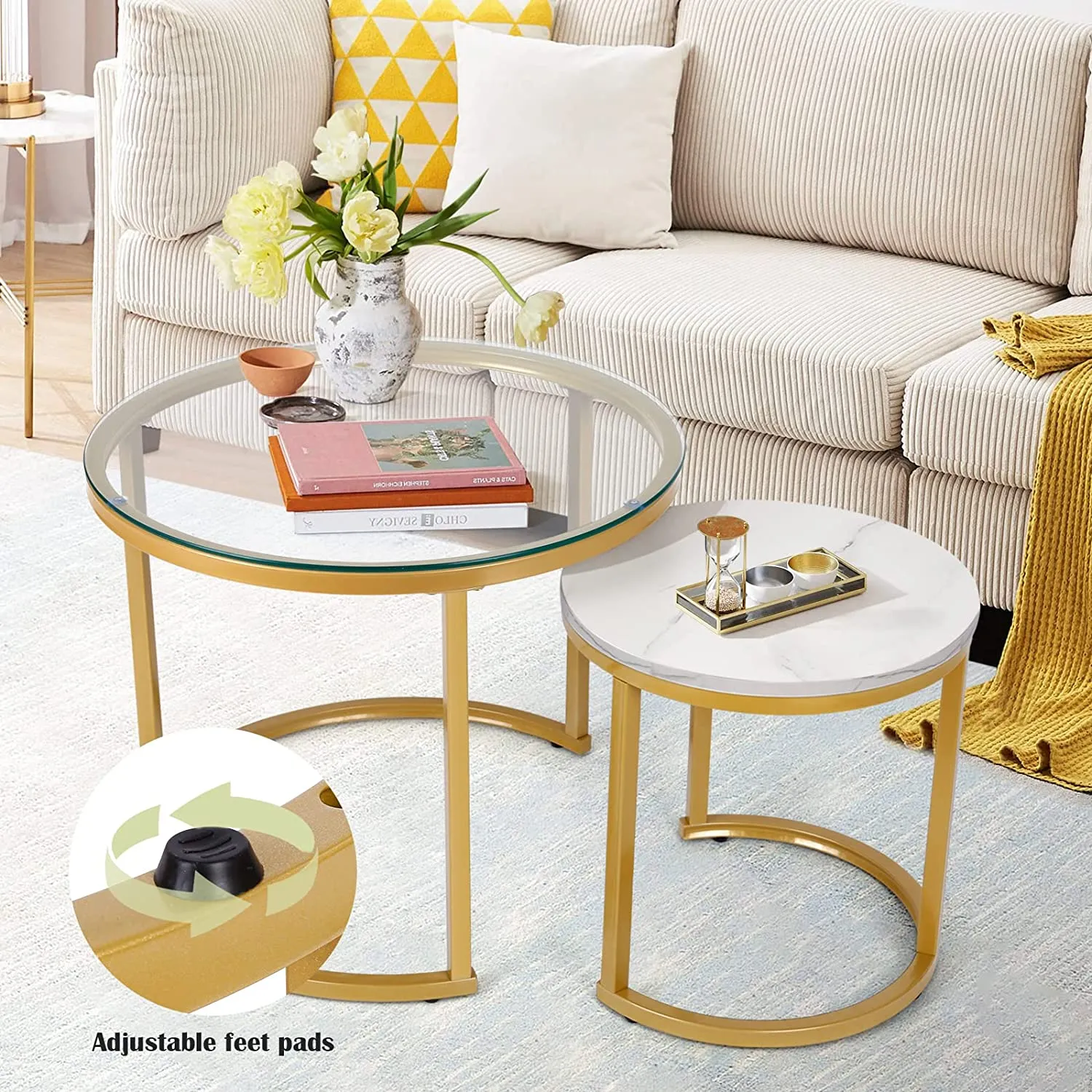 Modern Round Nesting Tables with Metal Frame (Set of 2)