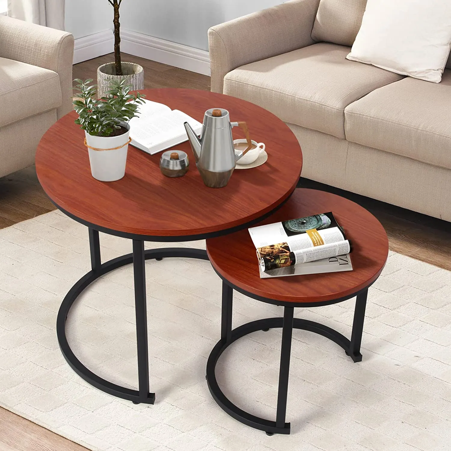 Modern Round Nesting Tables with Metal Frame (Set of 2)