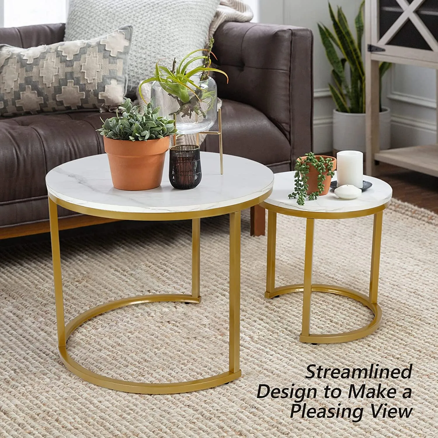 Modern Round Nesting Tables with Metal Frame (Set of 2)