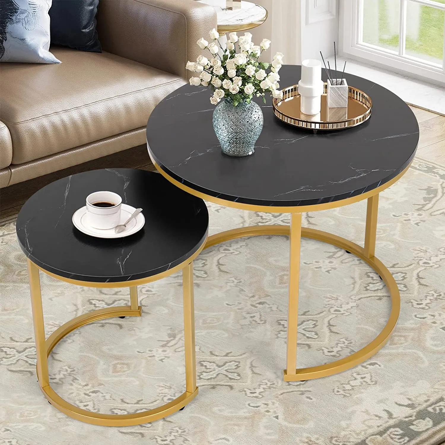 Modern Round Nesting Tables with Metal Frame (Set of 2)