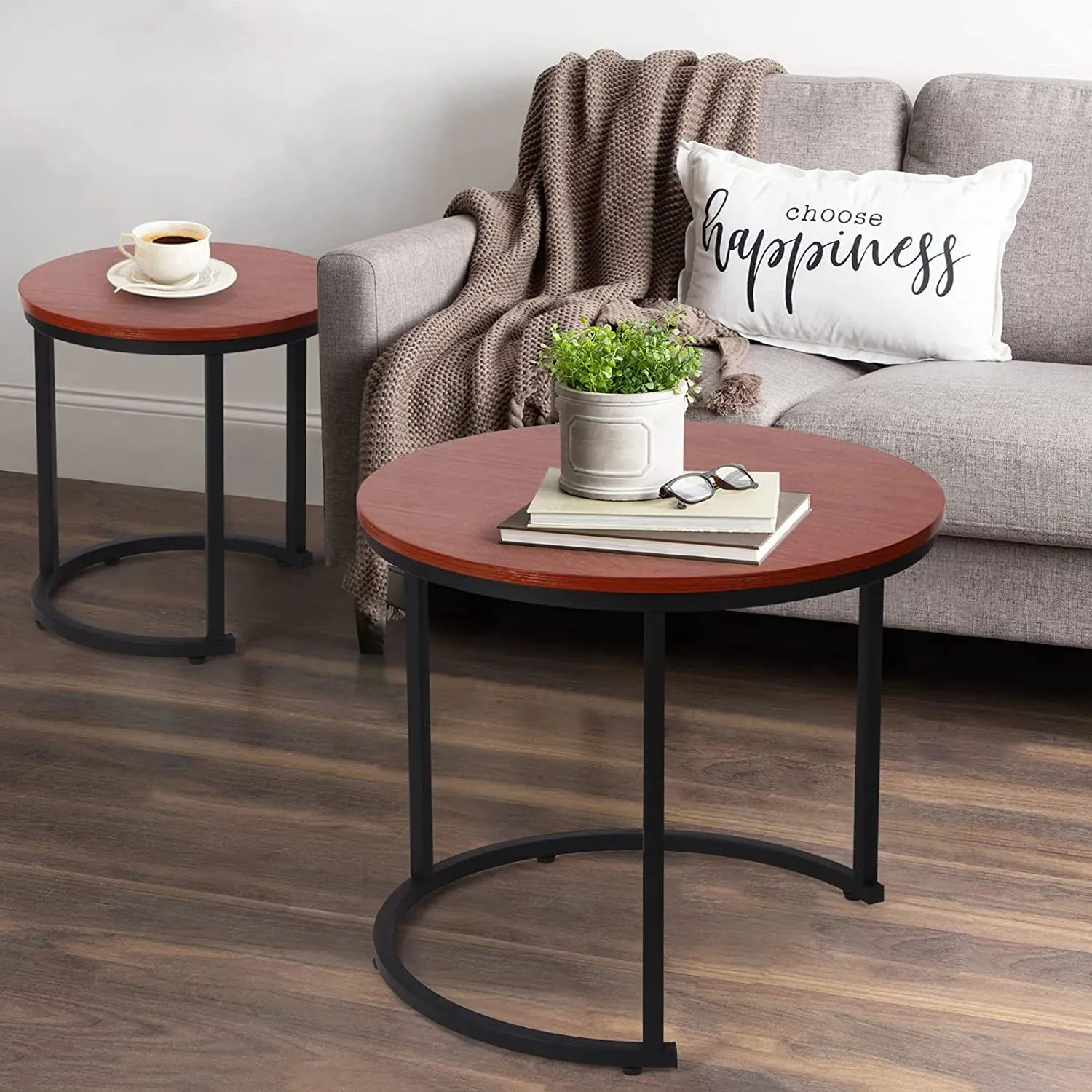 Modern Round Nesting Tables with Metal Frame (Set of 2)