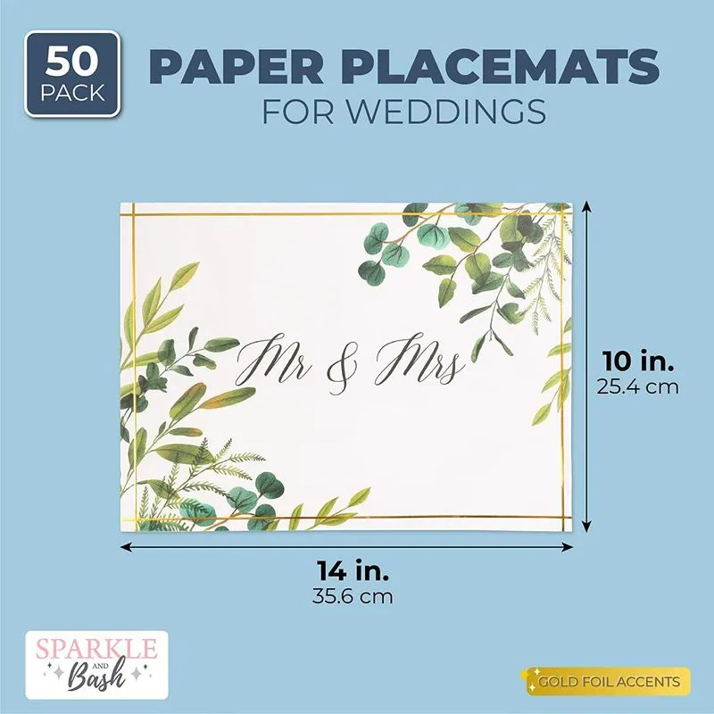 Mr and Mrs Paper Placemats for Wedding, Engagement Parties, Gold Foil, Leaves (14 x 10 in, 50 Pack)