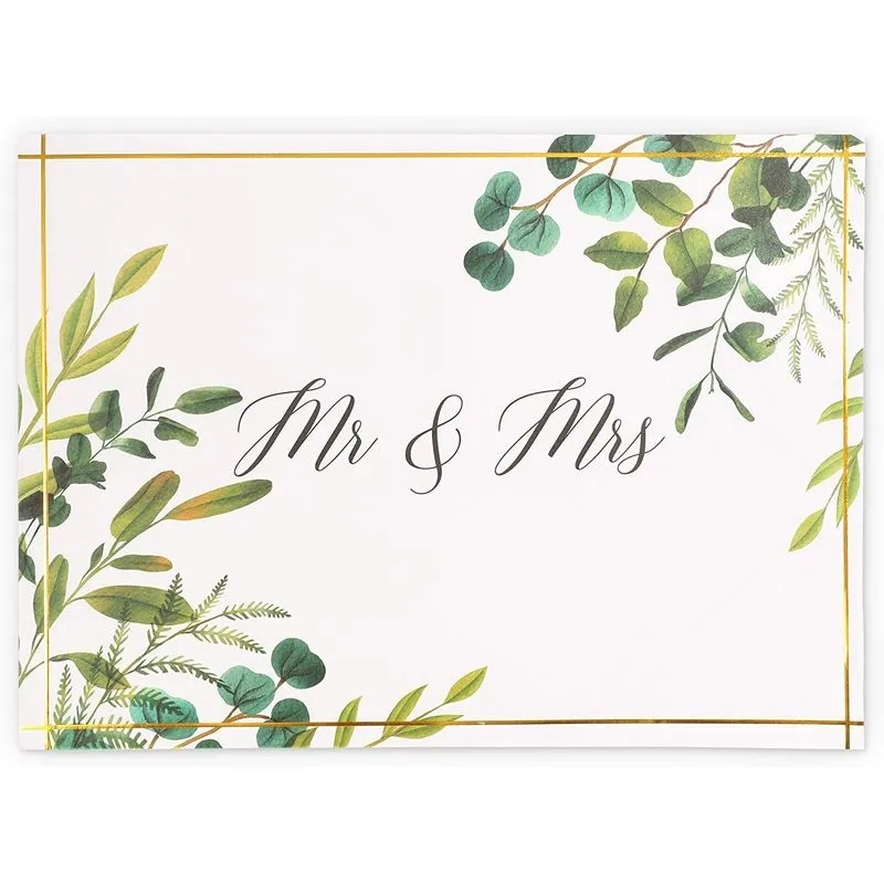 Mr and Mrs Paper Placemats for Wedding, Engagement Parties, Gold Foil, Leaves (14 x 10 in, 50 Pack)