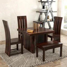 NEW MAMTA FURNITURE Solid Sheesham Wood Dining Room Sets 4 Seater Poester Dining Table with 3 Chairs & 1 Bench for Dining Room, Living Room, Restaurant, Cafeteria (Standard, Walnut Finish)