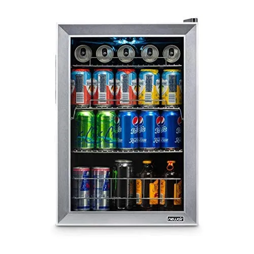 NewAir Beverage Refrigerator Cooler with 90 Can Capacity - Mini Bar Beer Fridge with Right Hinge Glass Door - Cools to 37F - AB-850 - Stainless Steel