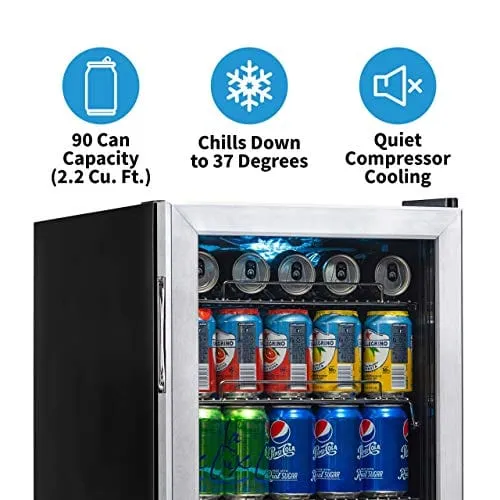 NewAir Beverage Refrigerator Cooler with 90 Can Capacity - Mini Bar Beer Fridge with Right Hinge Glass Door - Cools to 37F - AB-850 - Stainless Steel