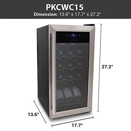 nutrichef 15 Bottle Refrigerator-White And Red Chiller Countertop Cooler-Freestanding Compact Mini Wine Fridge, Digital Control, Stainless Steel Door