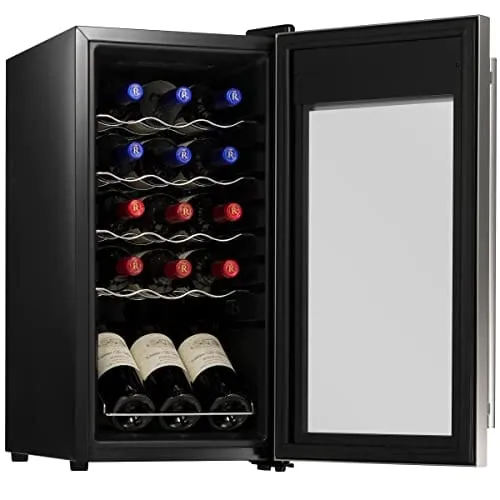 nutrichef 15 Bottle Refrigerator-White And Red Chiller Countertop Cooler-Freestanding Compact Mini Wine Fridge, Digital Control, Stainless Steel Door