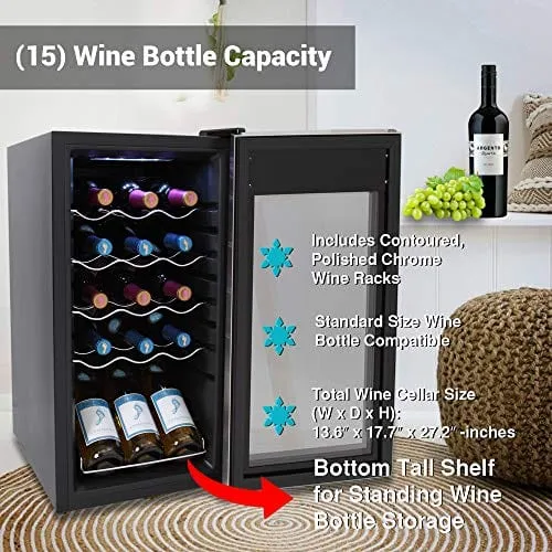 nutrichef 15 Bottle Refrigerator-White And Red Chiller Countertop Cooler-Freestanding Compact Mini Wine Fridge, Digital Control, Stainless Steel Door