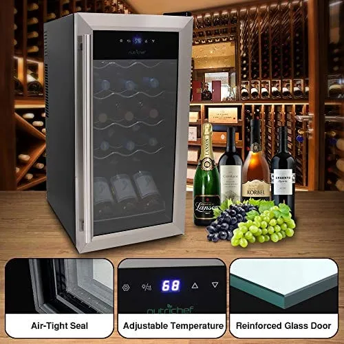 nutrichef 15 Bottle Refrigerator-White And Red Chiller Countertop Cooler-Freestanding Compact Mini Wine Fridge, Digital Control, Stainless Steel Door