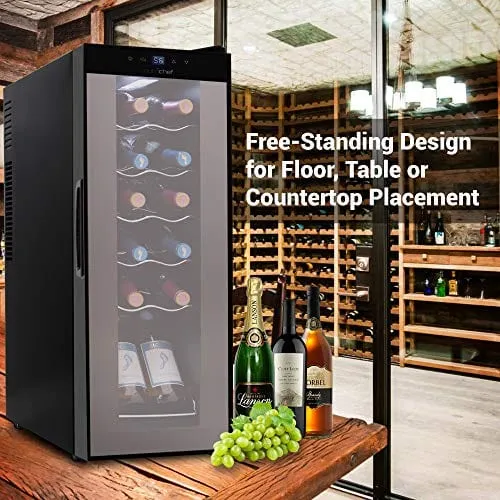 NutriChef PKCWC120 White & Red Cooler-Freestanding Countertop Compact Mini Wine Fridge Chiller 12 Bottle Capacity, Digital Control, Glass Door, Black