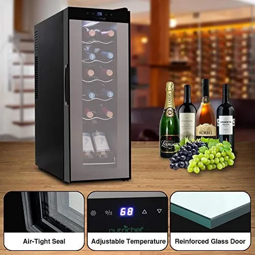 NutriChef PKCWC120 White & Red Cooler-Freestanding Countertop Compact Mini Wine Fridge Chiller 12 Bottle Capacity, Digital Control, Glass Door, Black