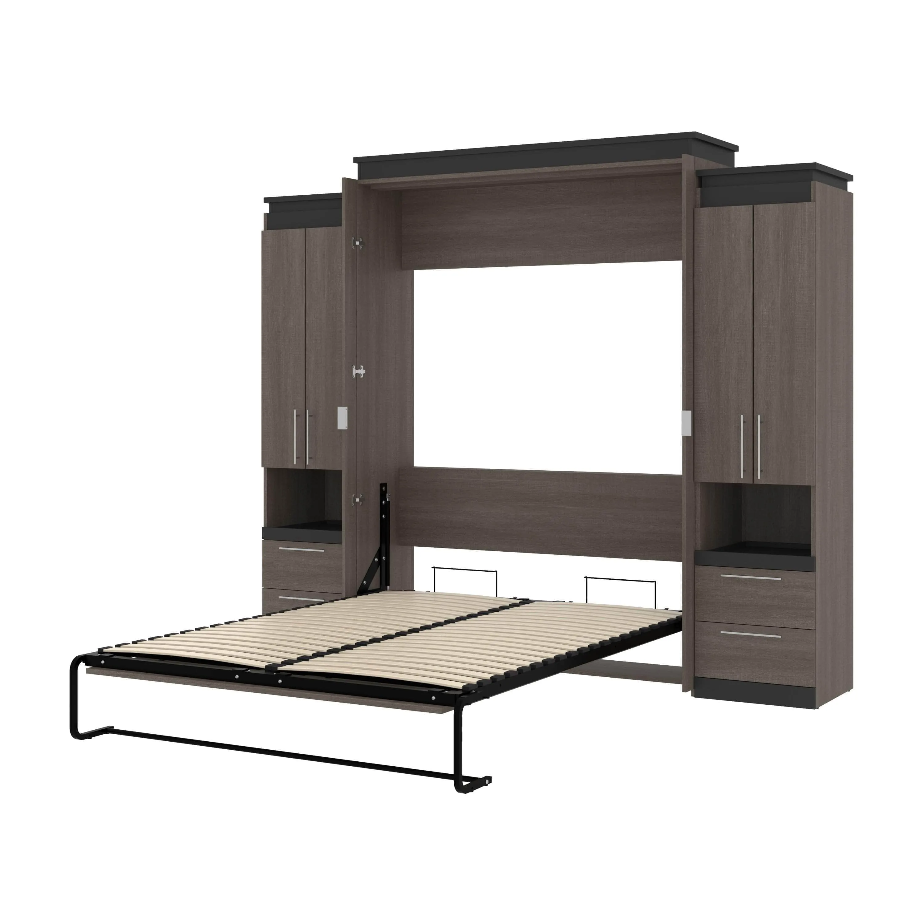 Orion 104"W Queen Murphy Wall Bed with 2 Storage Cabinets and Pull-Out Shelves - Available in 2 Colours