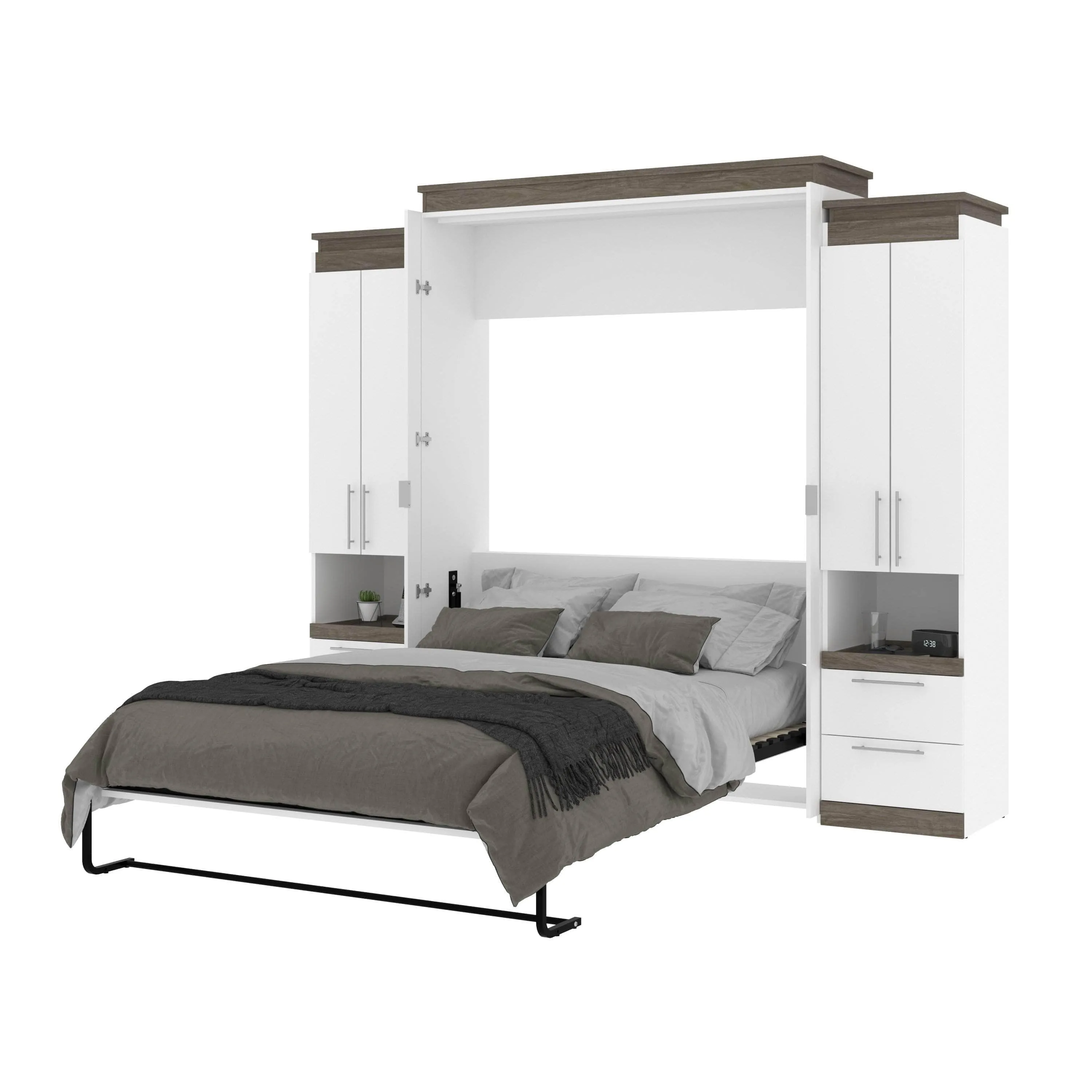 Orion 104"W Queen Murphy Wall Bed with 2 Storage Cabinets and Pull-Out Shelves - Available in 2 Colours