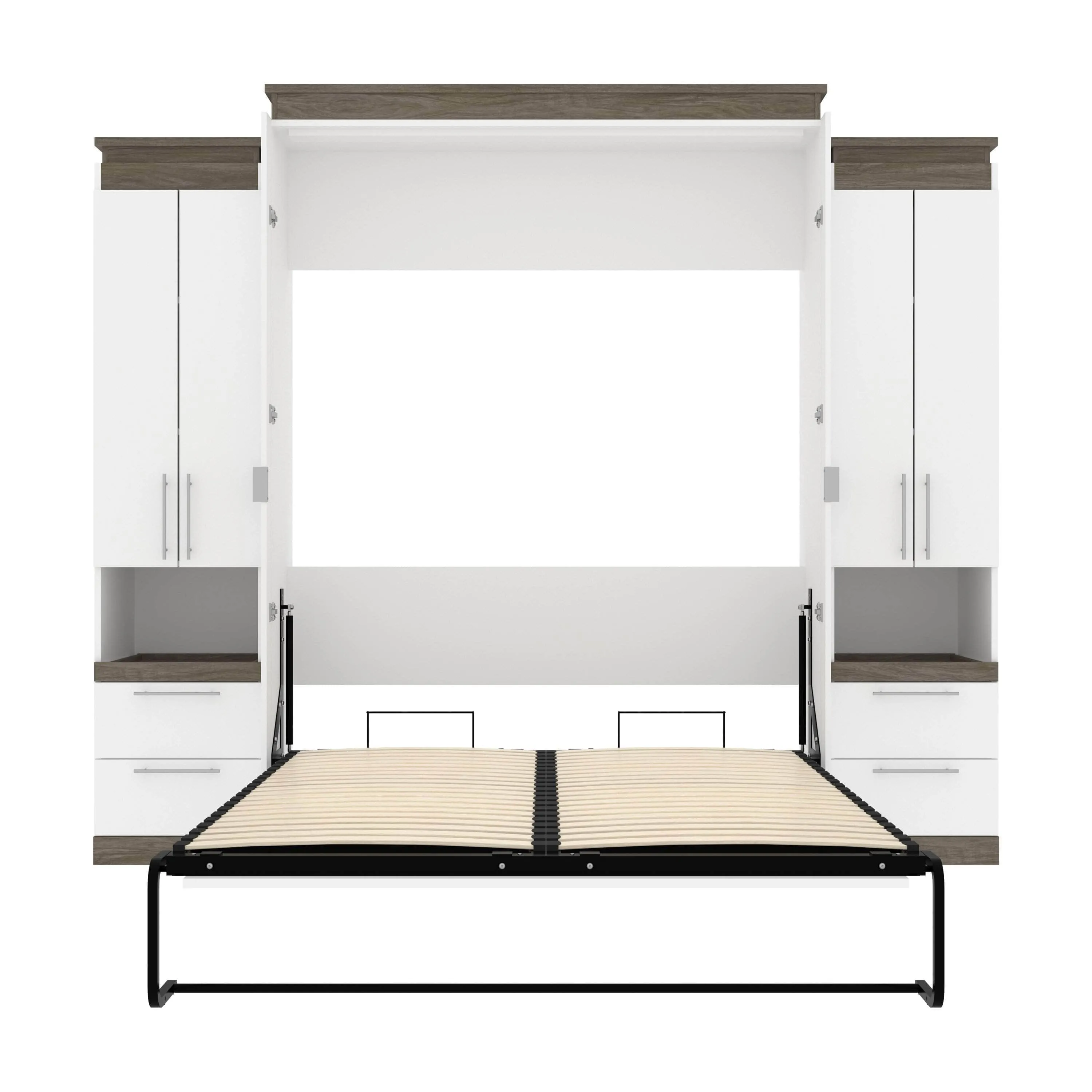 Orion 104"W Queen Murphy Wall Bed with 2 Storage Cabinets and Pull-Out Shelves - Available in 2 Colours