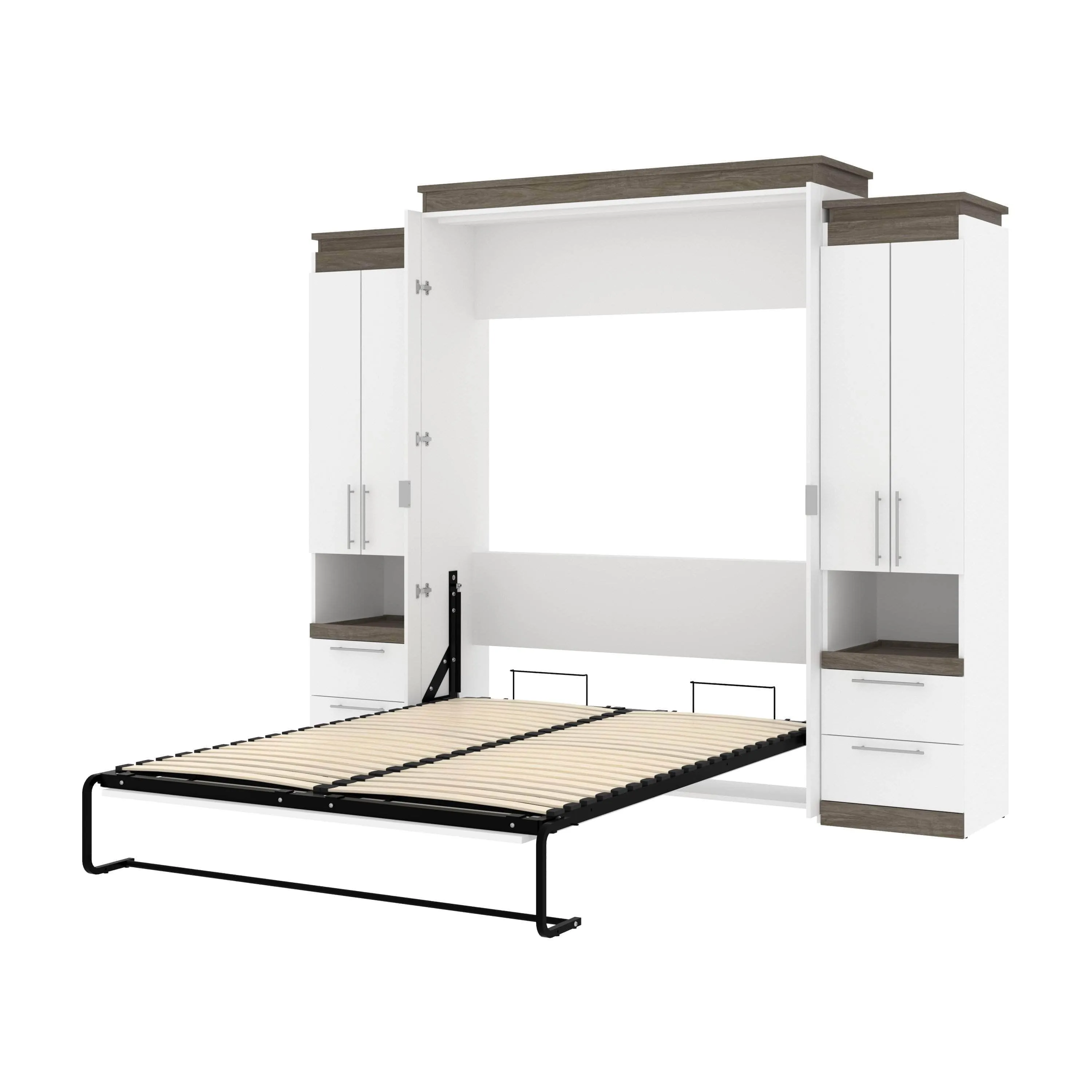 Orion 104"W Queen Murphy Wall Bed with 2 Storage Cabinets and Pull-Out Shelves - Available in 2 Colours