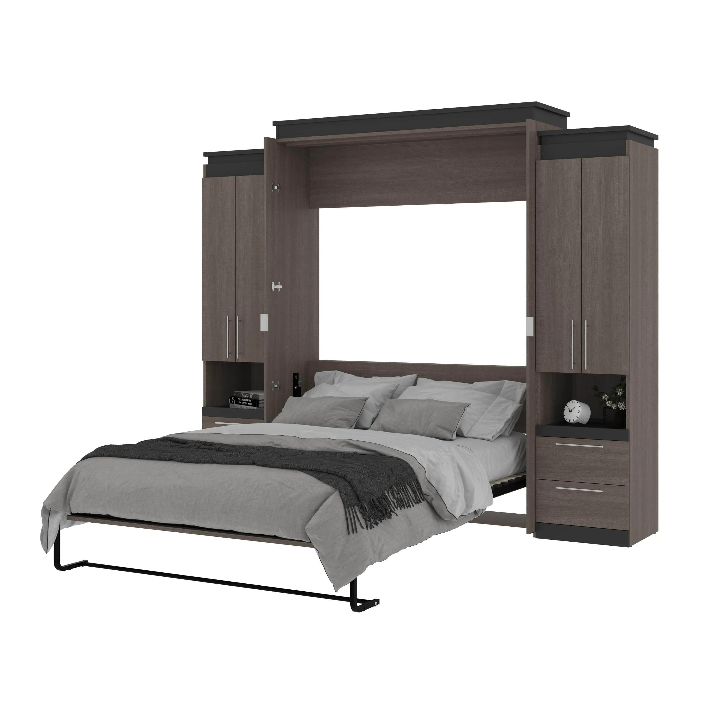 Orion 104"W Queen Murphy Wall Bed with 2 Storage Cabinets and Pull-Out Shelves - Available in 2 Colours