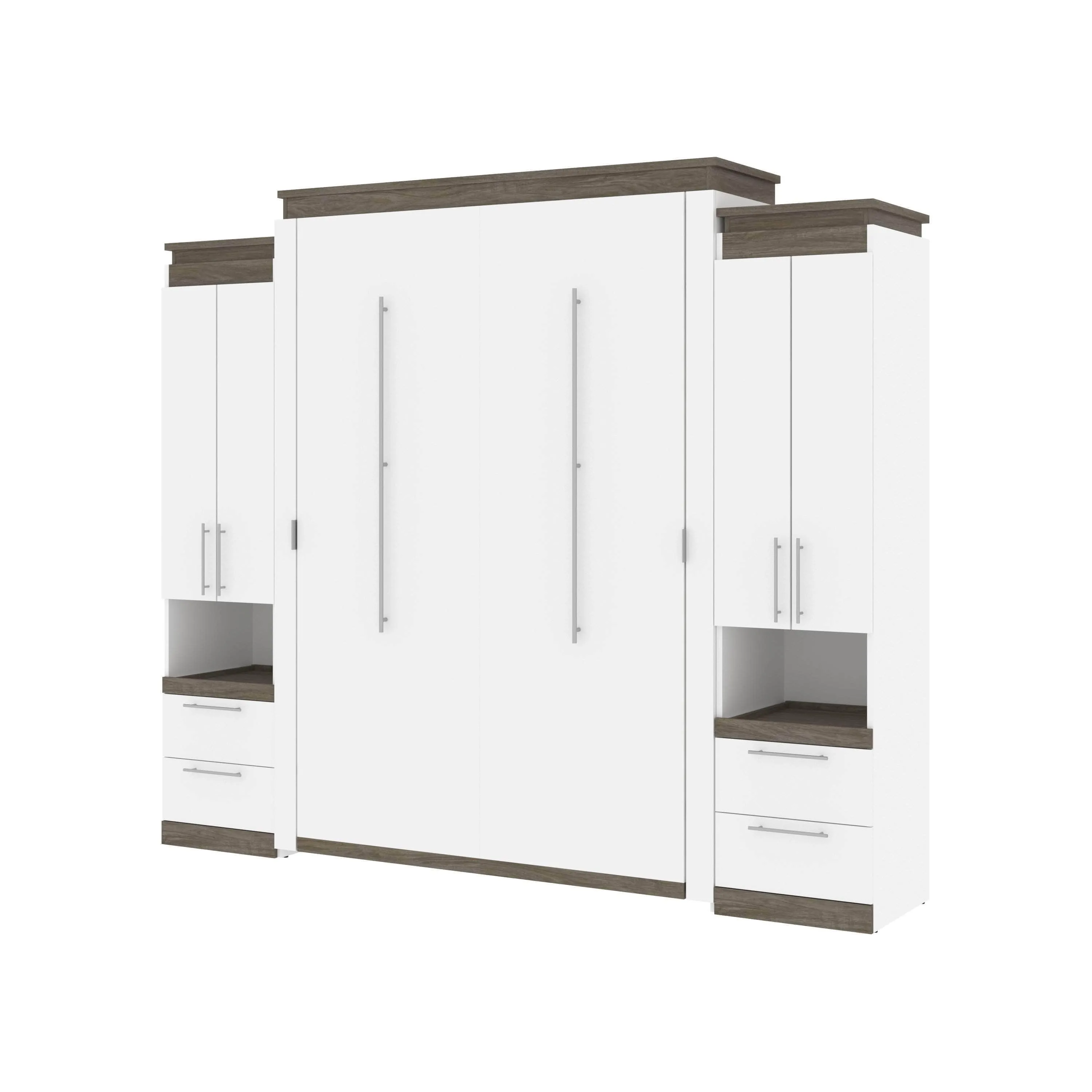 Orion 104"W Queen Murphy Wall Bed with 2 Storage Cabinets and Pull-Out Shelves - Available in 2 Colours