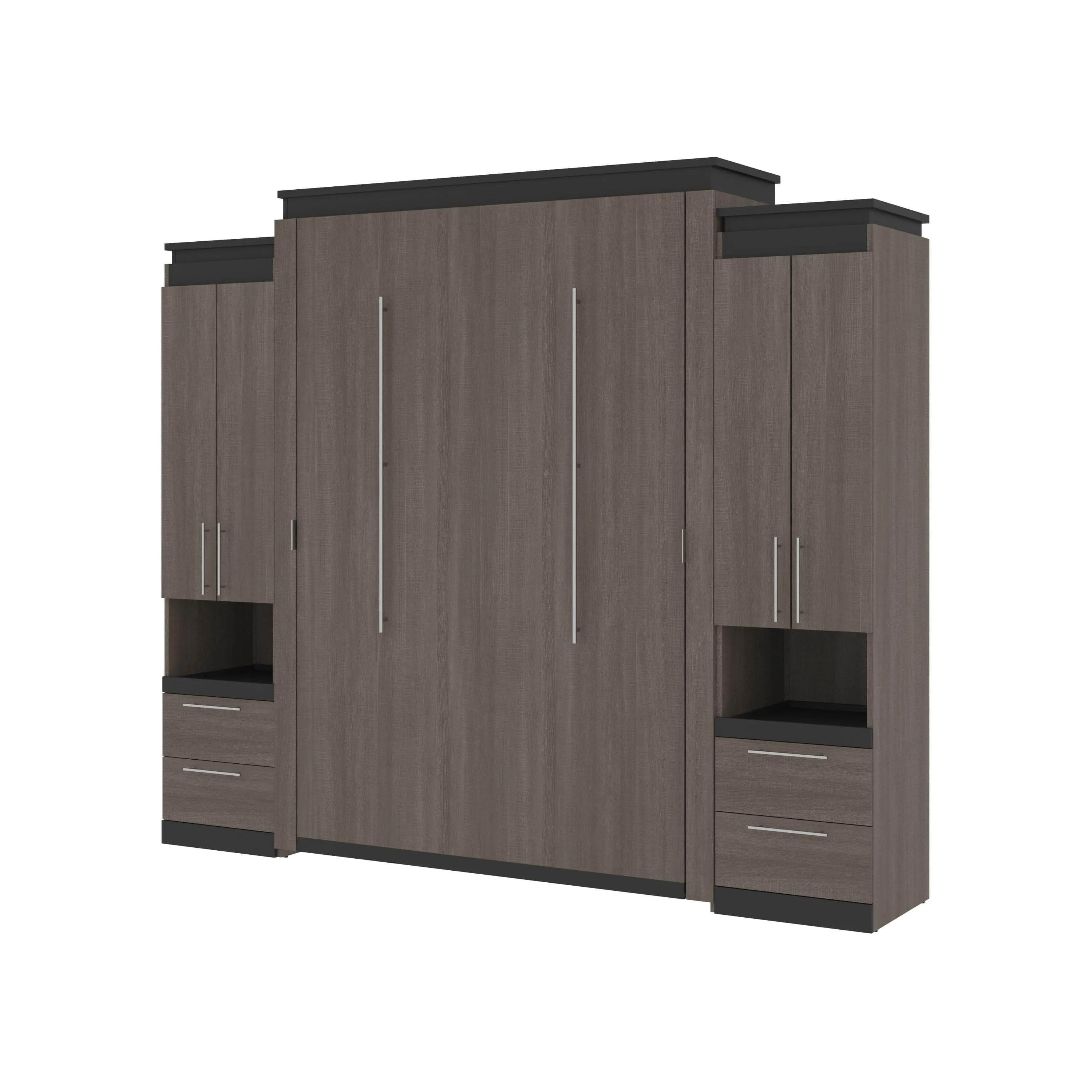 Orion 104"W Queen Murphy Wall Bed with 2 Storage Cabinets and Pull-Out Shelves - Available in 2 Colours