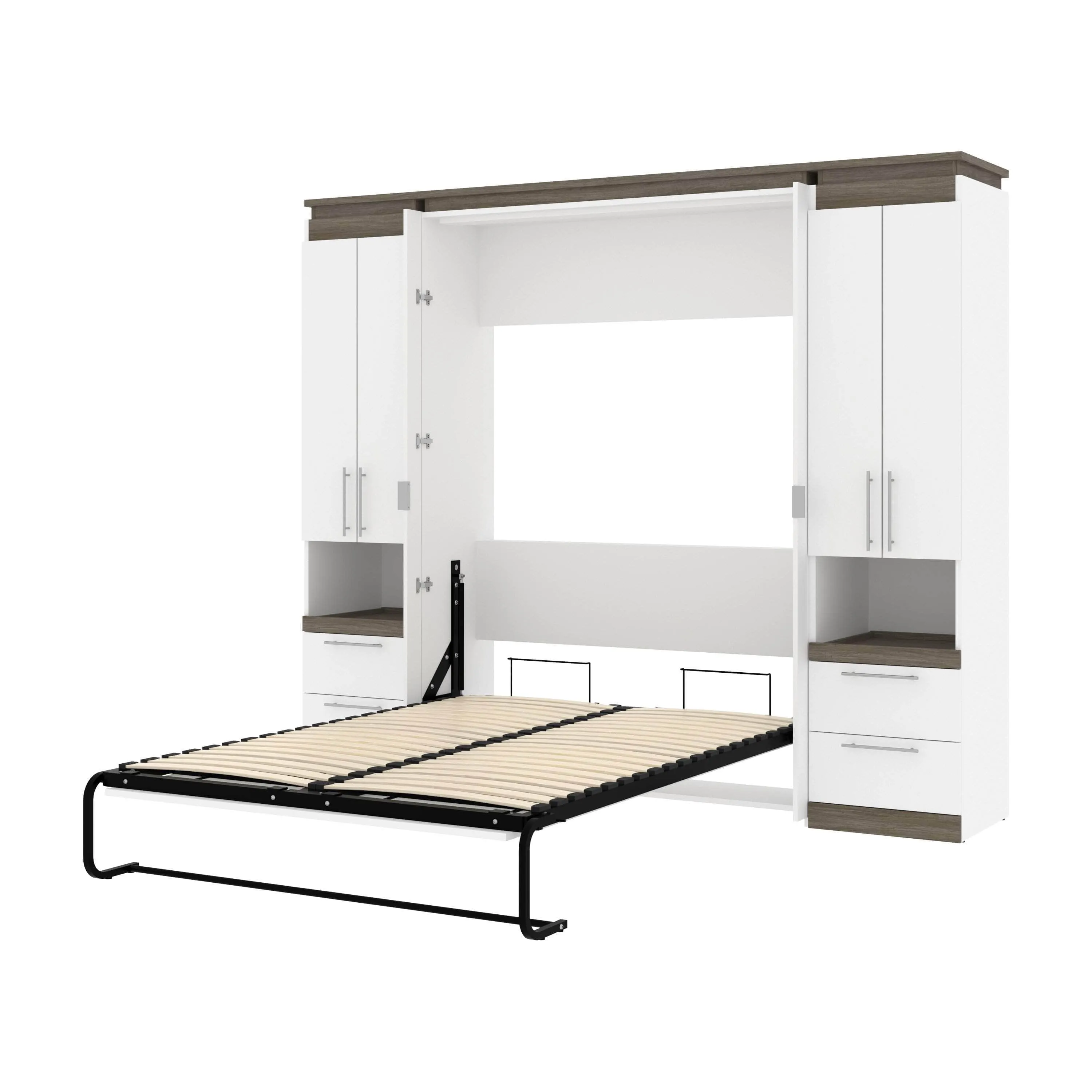 Orion 98"W Full Murphy Wall Bed with 2 Storage Cabinets and Pull-Out Shelves - Available in 2 Colours