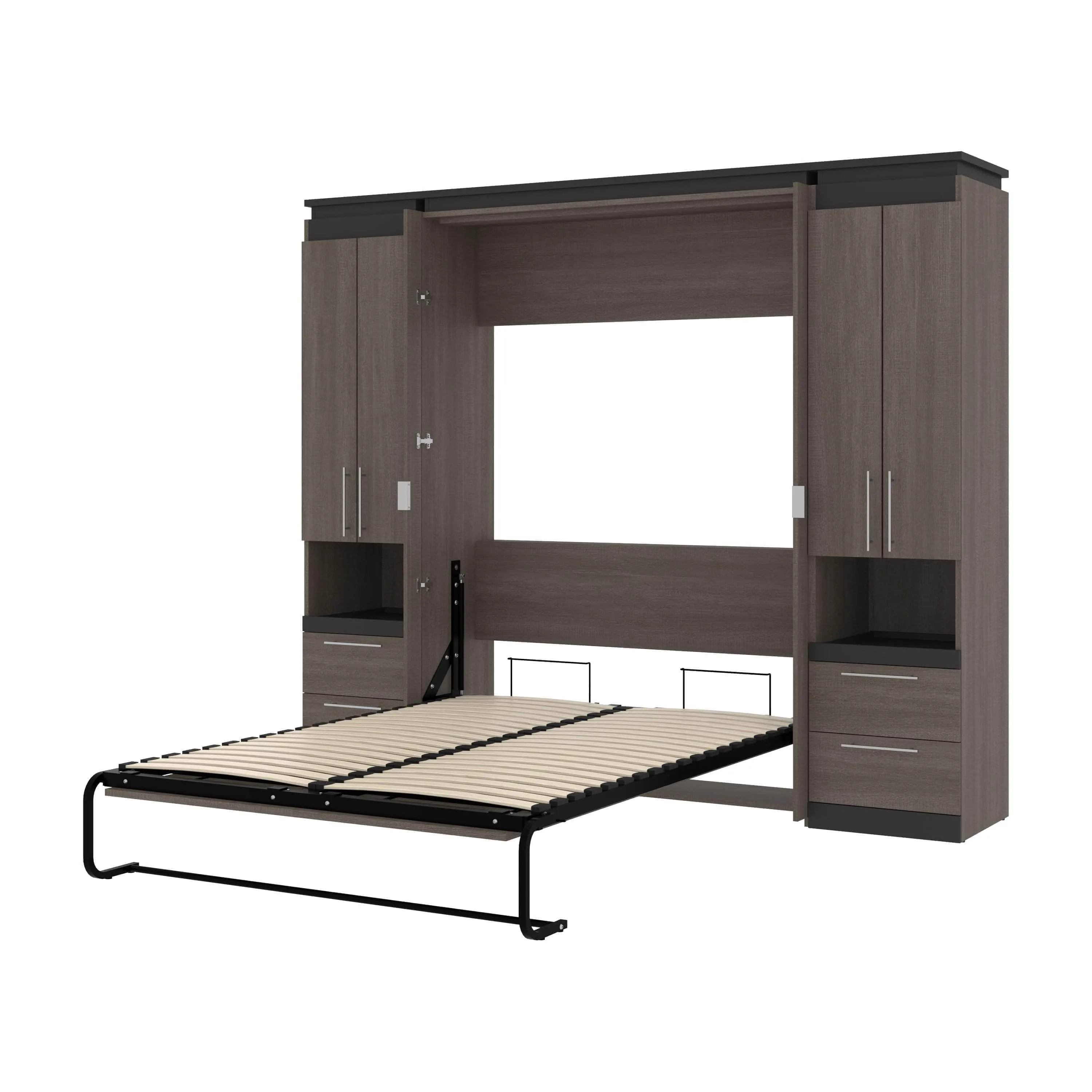 Orion 98"W Full Murphy Wall Bed with 2 Storage Cabinets and Pull-Out Shelves - Available in 2 Colours