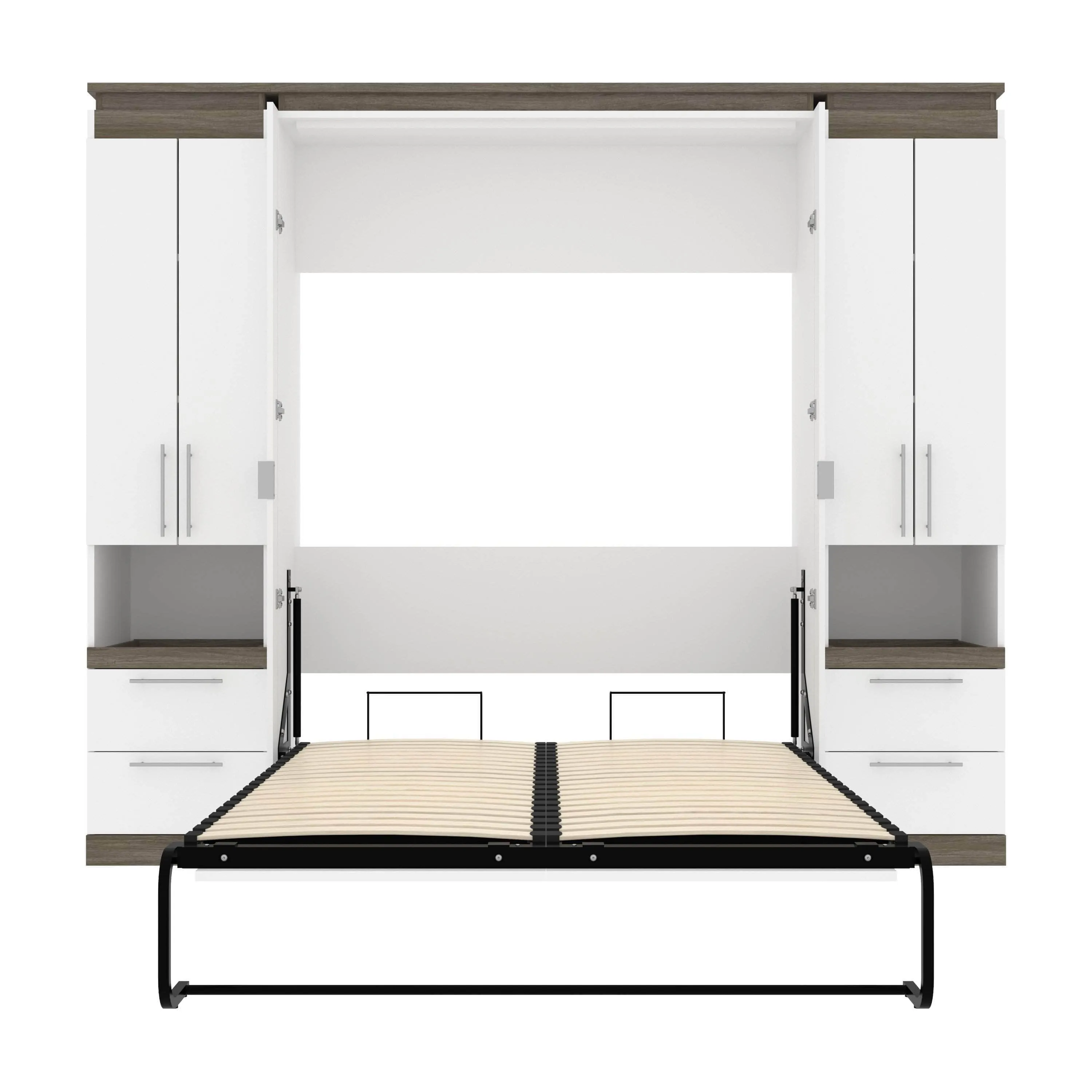 Orion 98"W Full Murphy Wall Bed with 2 Storage Cabinets and Pull-Out Shelves - Available in 2 Colours