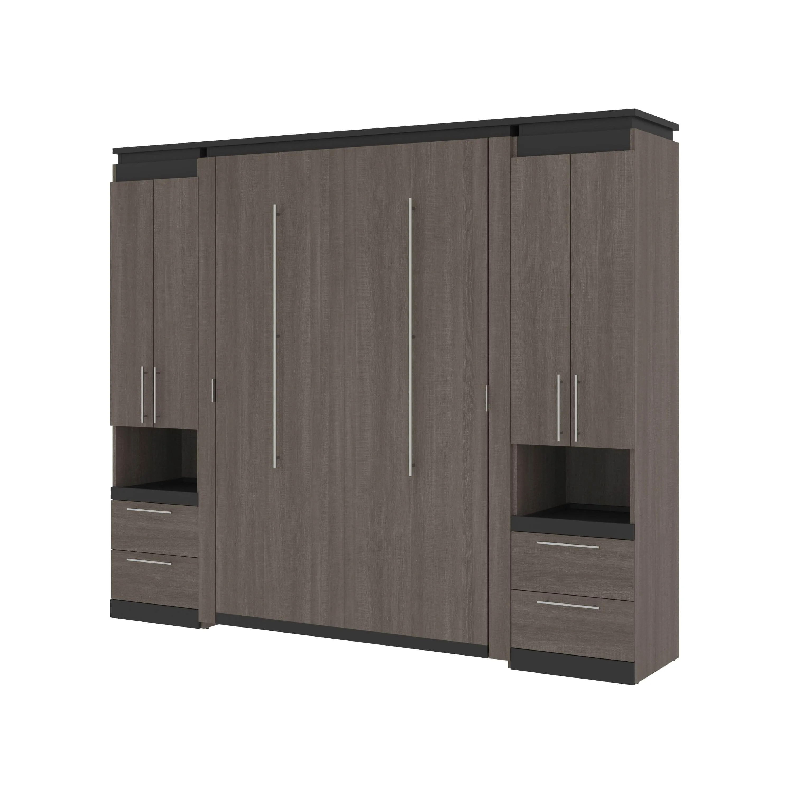 Orion 98"W Full Murphy Wall Bed with 2 Storage Cabinets and Pull-Out Shelves - Available in 2 Colours