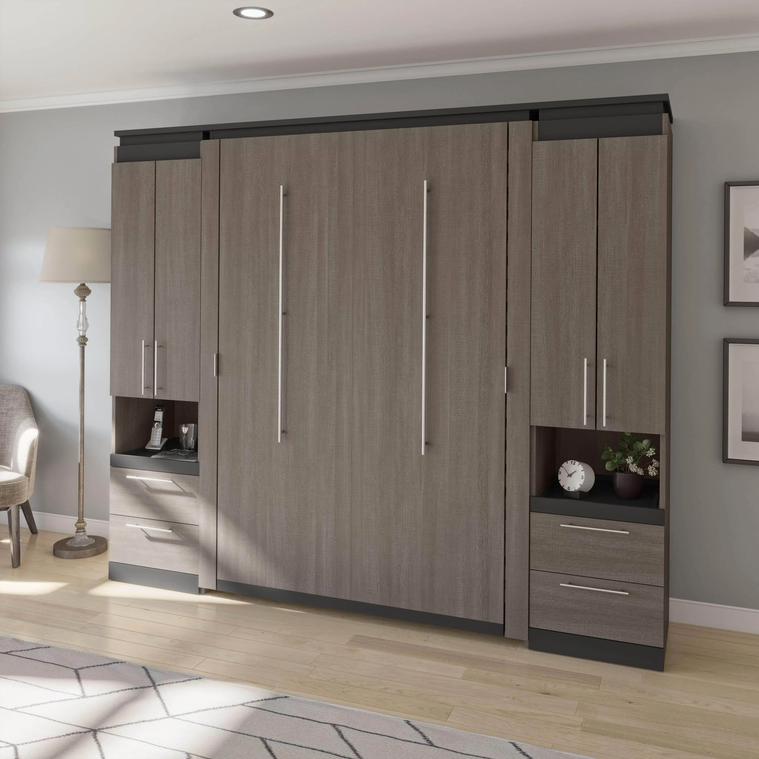 Orion 98"W Full Murphy Wall Bed with 2 Storage Cabinets and Pull-Out Shelves - Available in 2 Colours