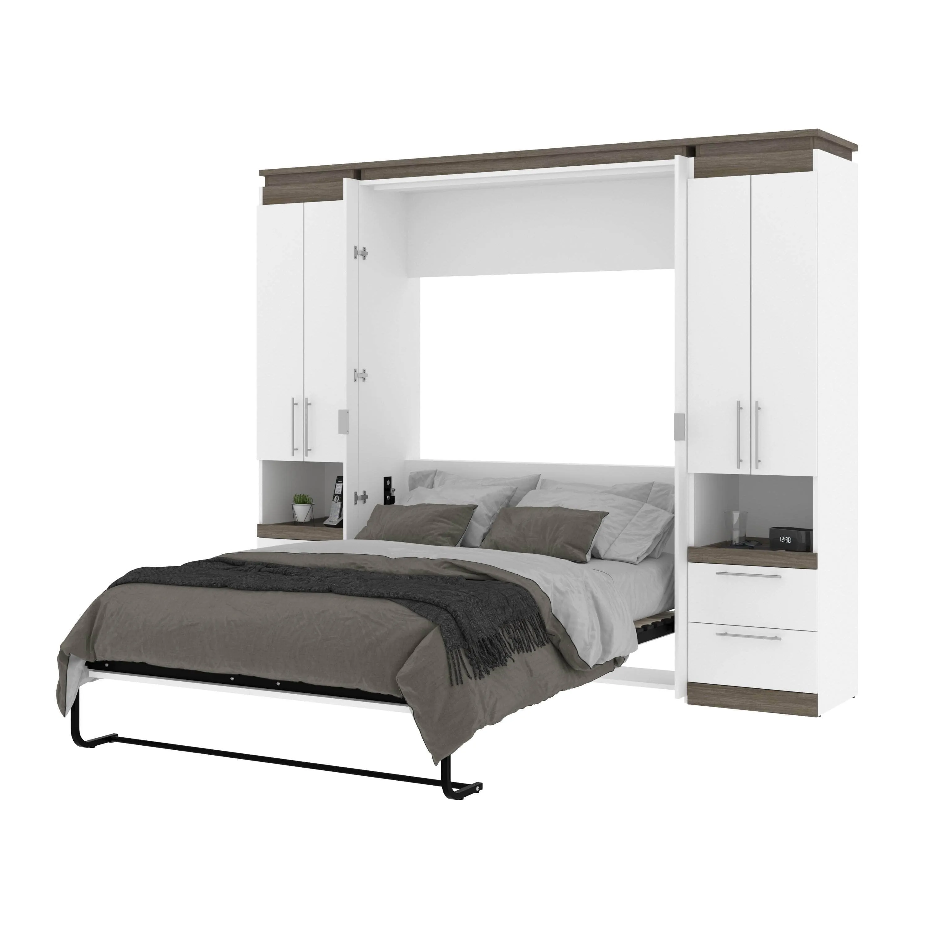 Orion 98"W Full Murphy Wall Bed with 2 Storage Cabinets and Pull-Out Shelves - Available in 2 Colours