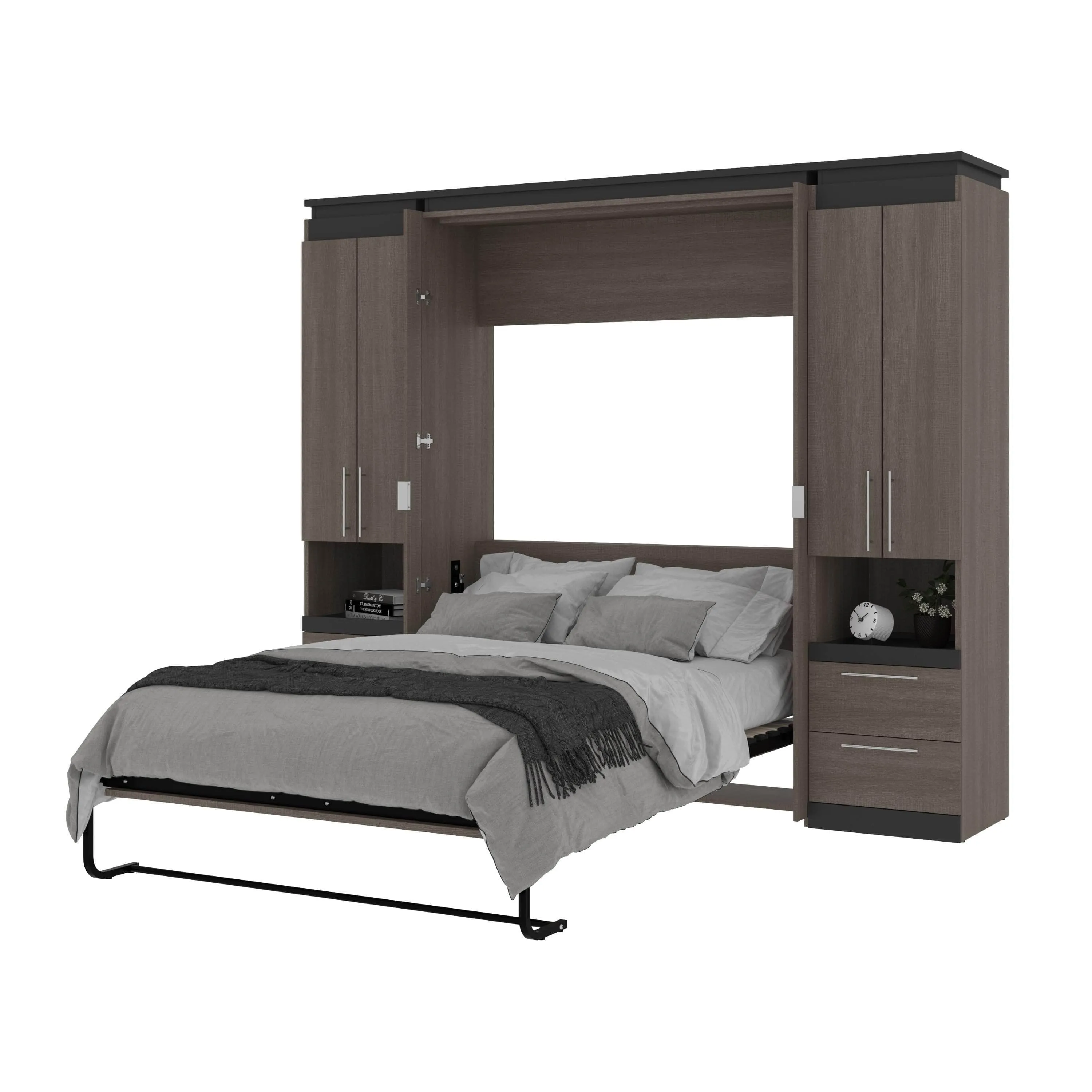 Orion 98"W Full Murphy Wall Bed with 2 Storage Cabinets and Pull-Out Shelves - Available in 2 Colours