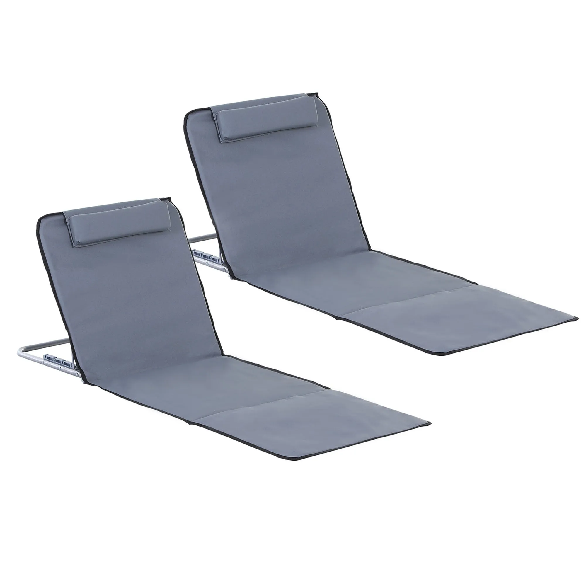 Outsunny 2 Pieces Outdoor Beach Mat Steel Reclining Chair Set w/ Pillow Grey