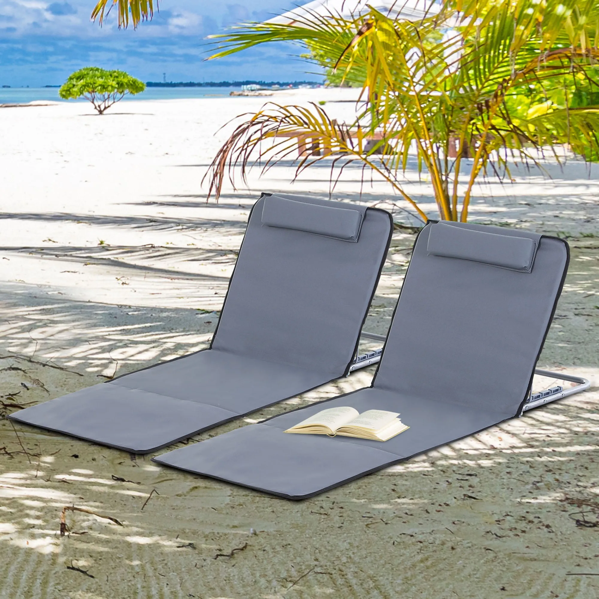 Outsunny 2 Pieces Outdoor Beach Mat Steel Reclining Chair Set w/ Pillow Grey