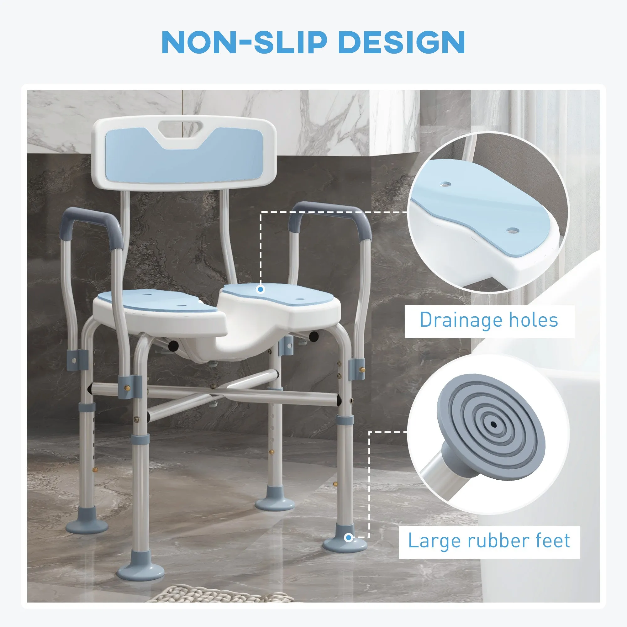 Padded Bath Chair with Slotted Seat and Adjustable Height, Light Blue