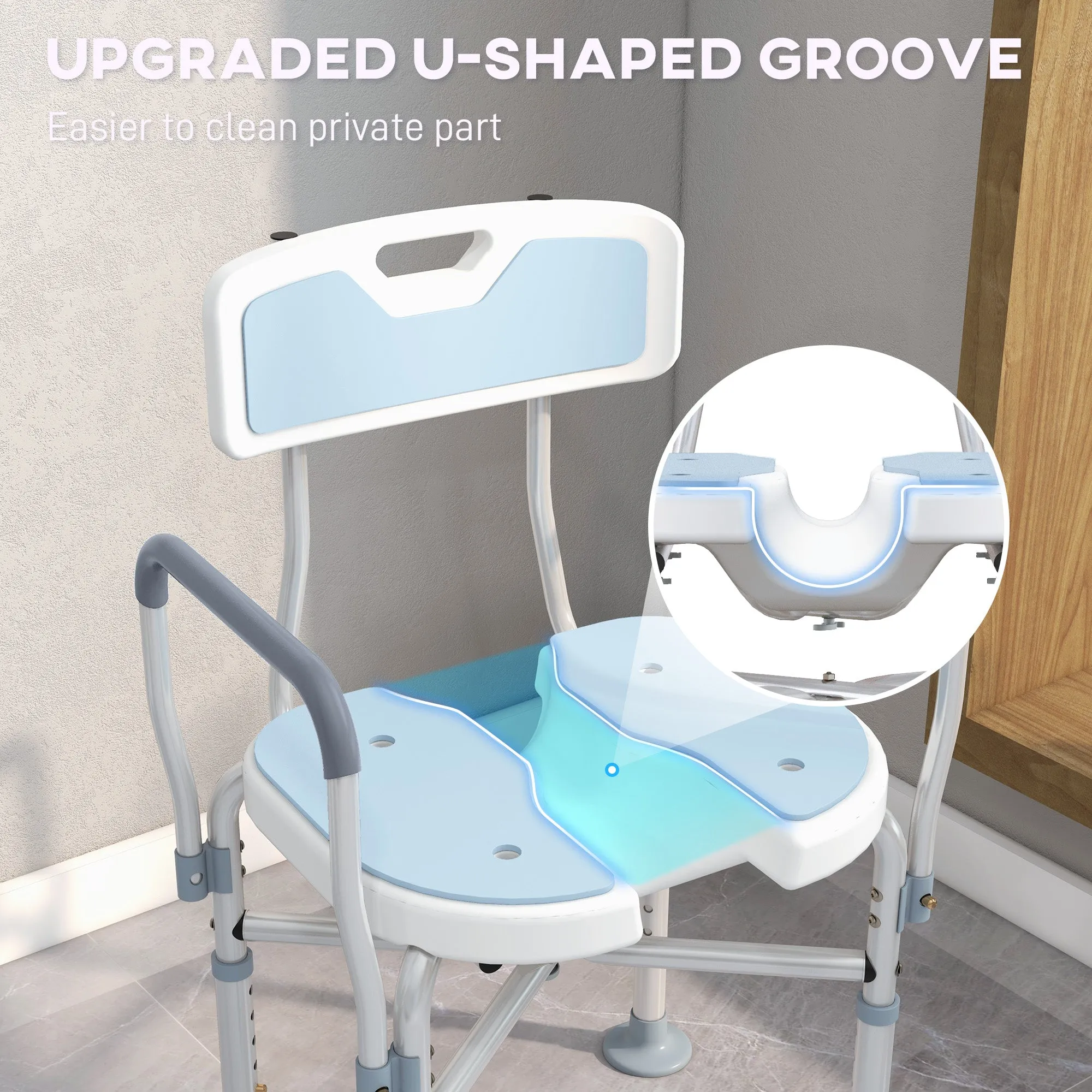 Padded Bath Chair with Slotted Seat and Adjustable Height, Light Blue