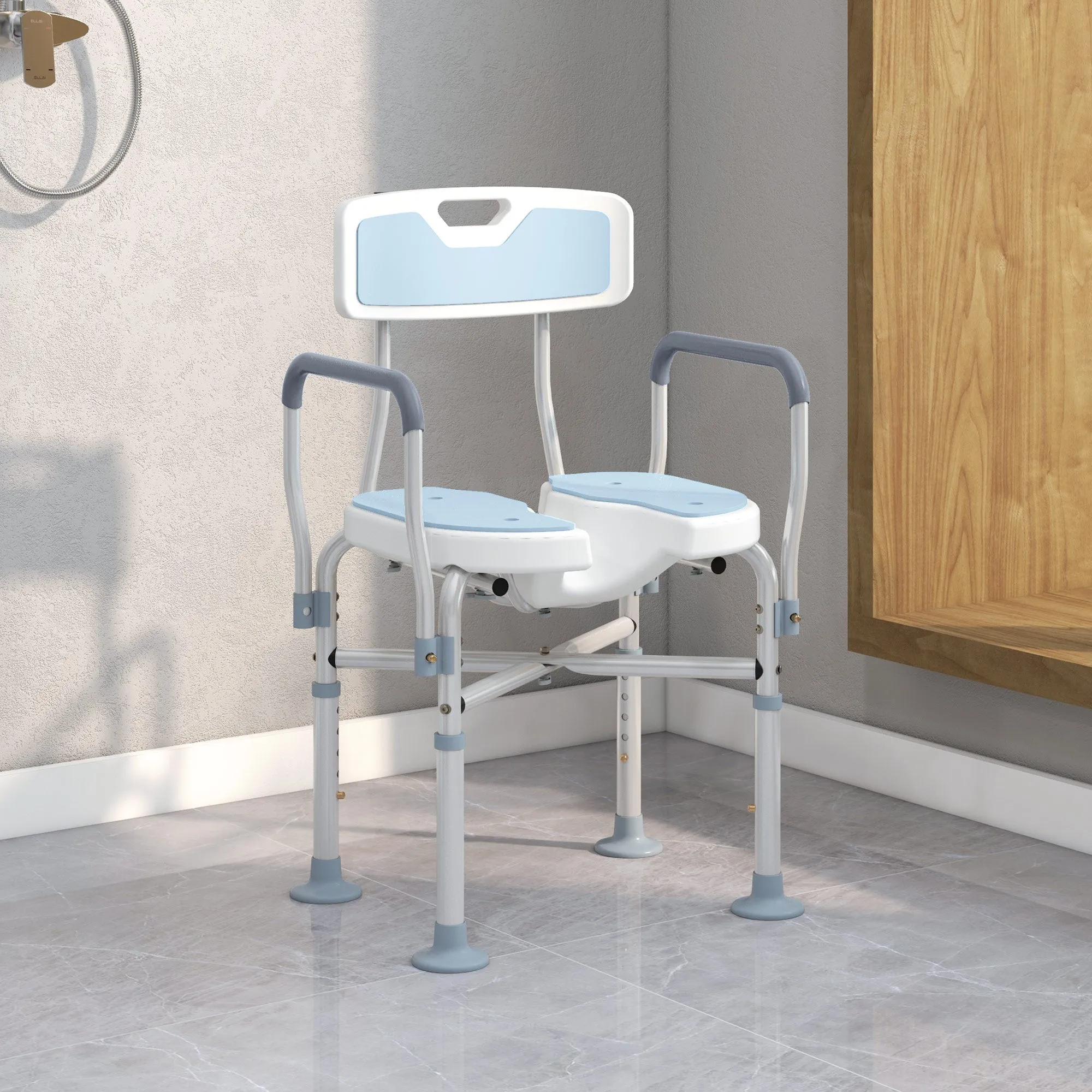 Padded Bath Chair with Slotted Seat and Adjustable Height, Light Blue