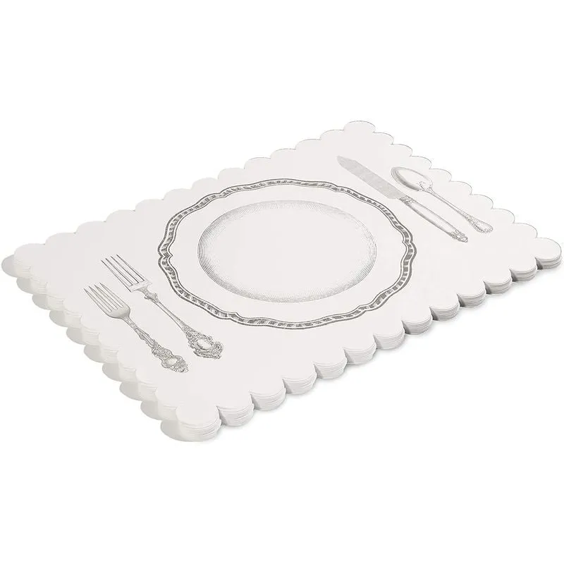 Paper Placemats for Table, White Mats with Scalloped Edge (14 x 10 in, 100 Pack)