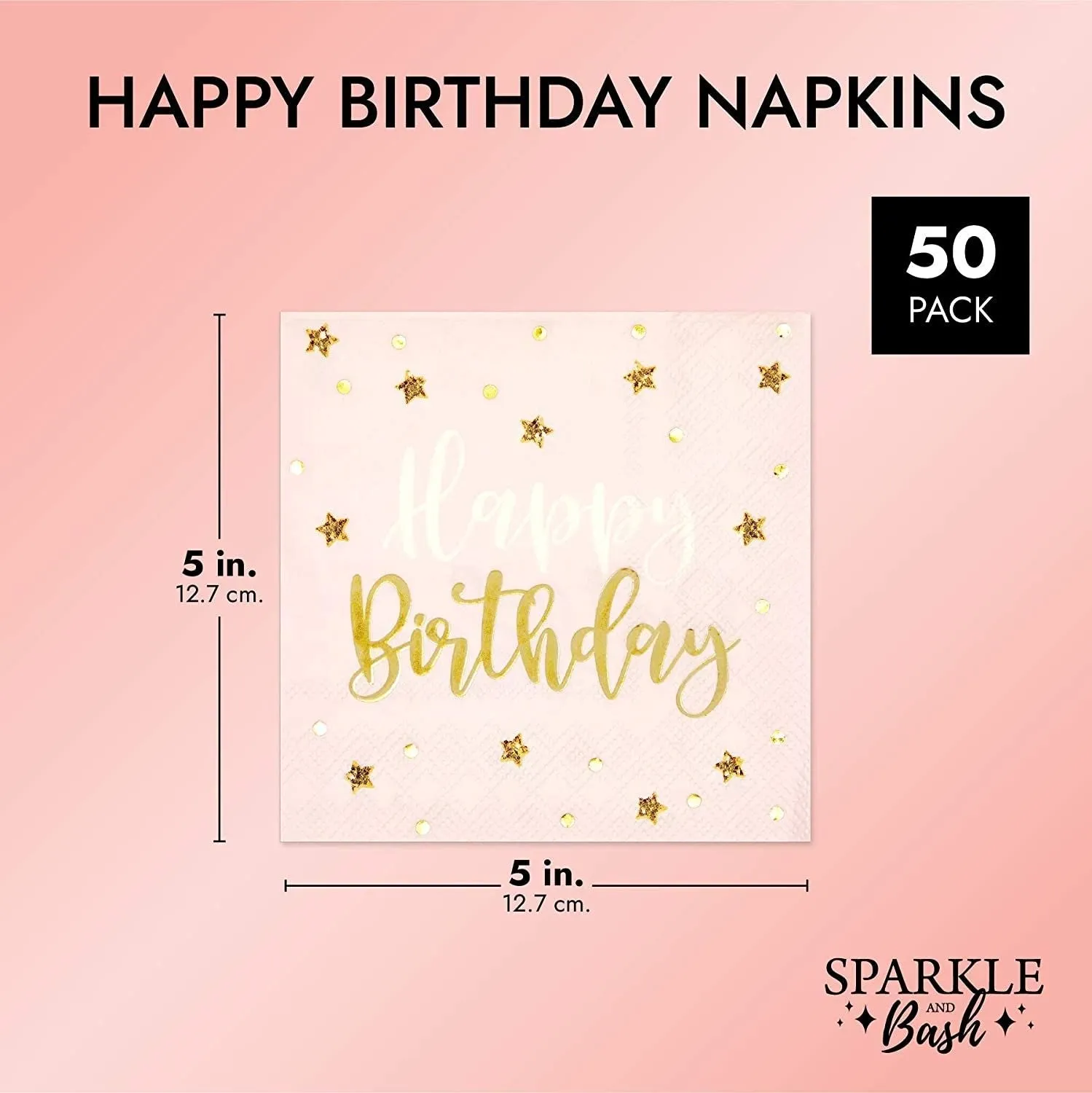 Pink Happy Birthday Party Napkins with Gold Foil Stars (5 In, 50 Pack)