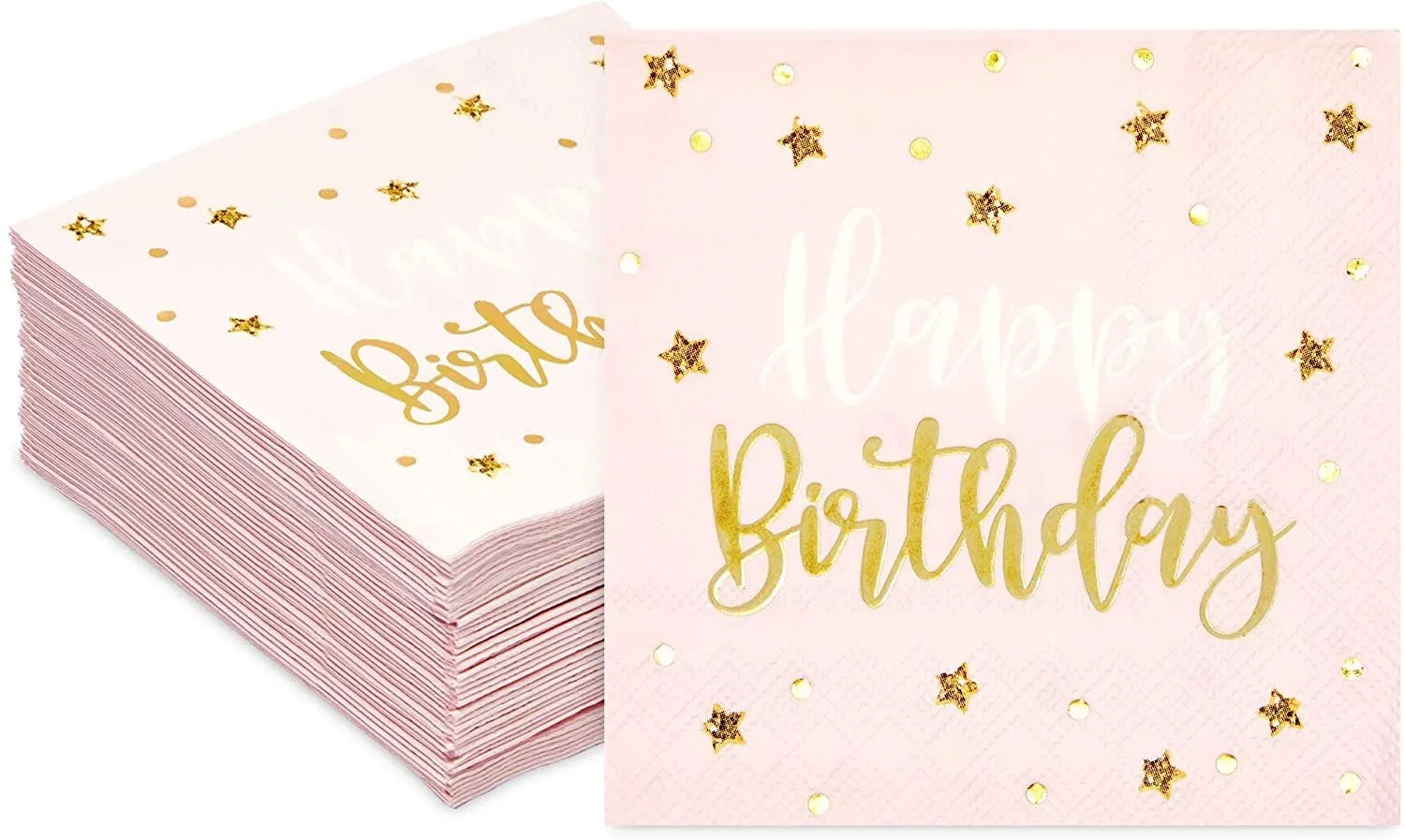 Pink Happy Birthday Party Napkins with Gold Foil Stars (5 In, 50 Pack)