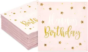 Pink Happy Birthday Party Napkins with Gold Foil Stars (5 In, 50 Pack)