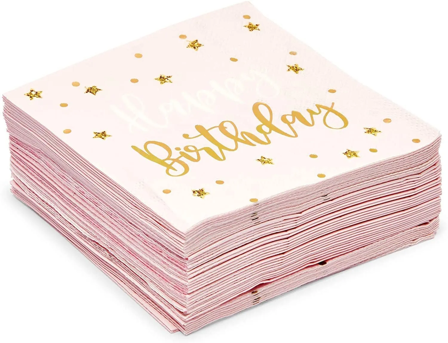 Pink Happy Birthday Party Napkins with Gold Foil Stars (5 In, 50 Pack)