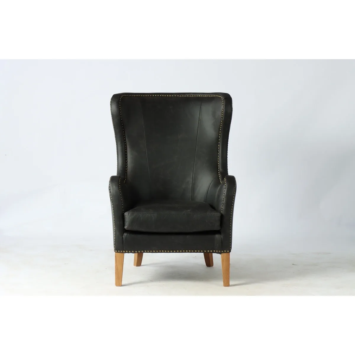 Prince Edward Highback Armchair Black Leather with Olive Velvet