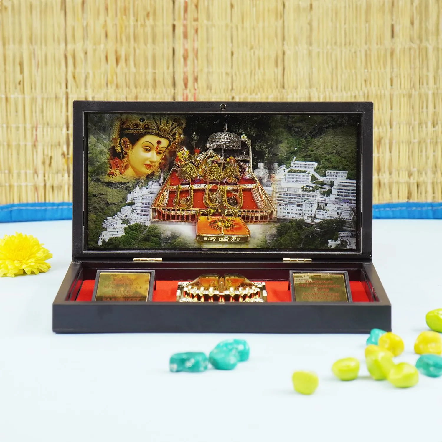 PujaNPujari Gold Plated MATA Vaishno Devi Photo Frame with Shubh Labh Charan Paduka for Pooja Room, Return Pooja Gift Box Set