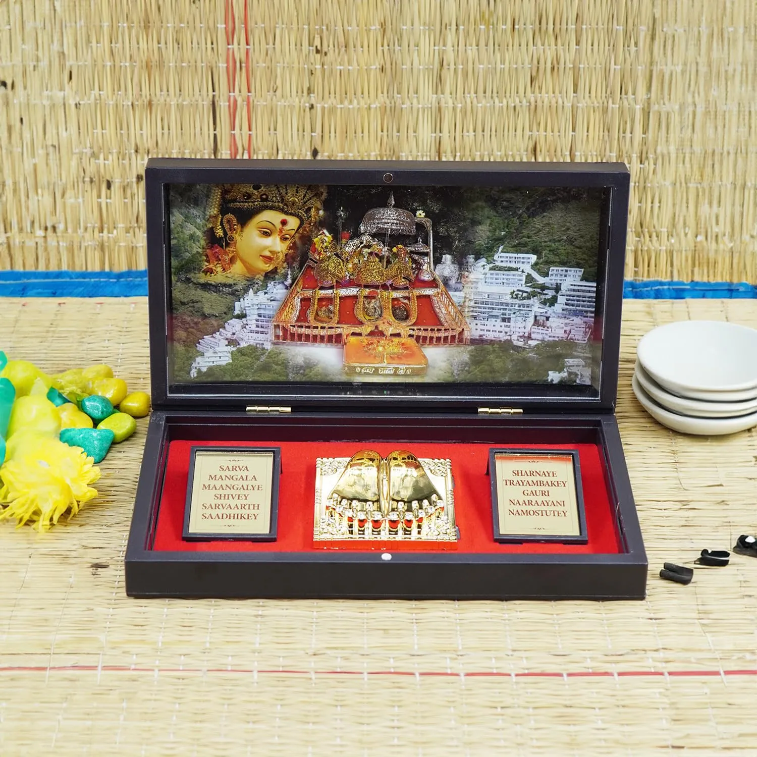 PujaNPujari Gold Plated MATA Vaishno Devi Photo Frame with Shubh Labh Charan Paduka for Pooja Room, Return Pooja Gift Box Set