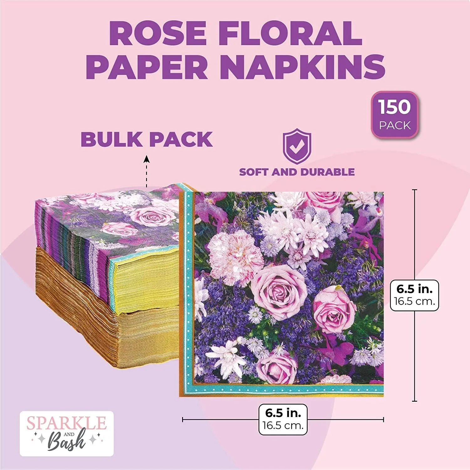 Purple Rose Paper Napkins for Birthday Parties, Bridal Shower (6.5 In, 150 Pack)