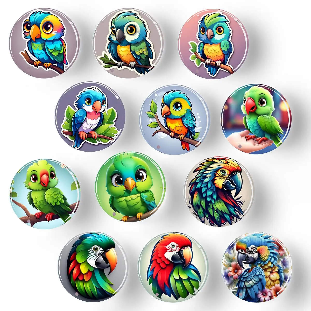 Rangoli 35mm Beautiful Parrots 3D Glass Fridge Magnets for Home Decoration Sticking Notes and Gifting (Pack of 12)