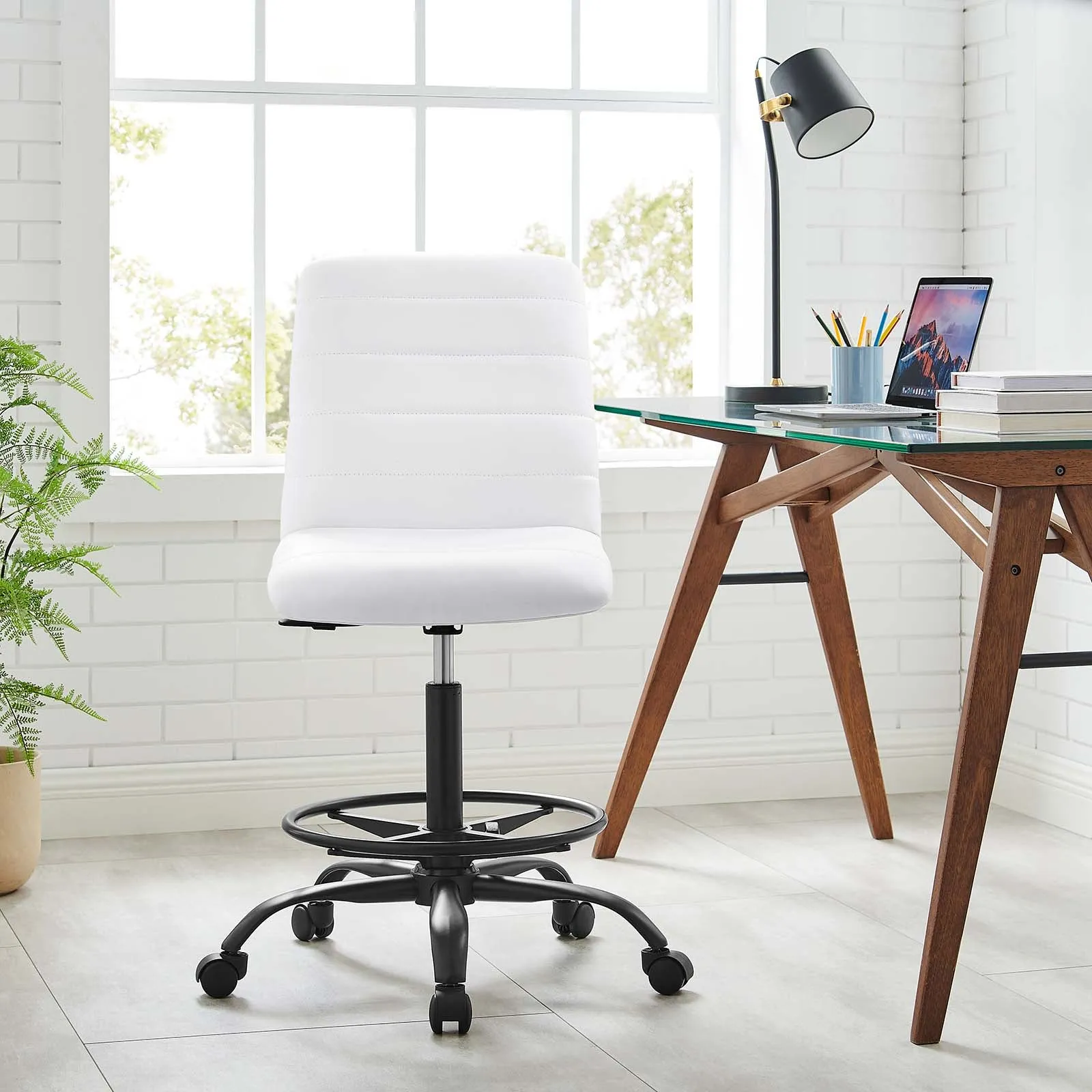 Ripple Armless Vegan Leather Drafting Chair Black White EEI-4978-BLK-WHI