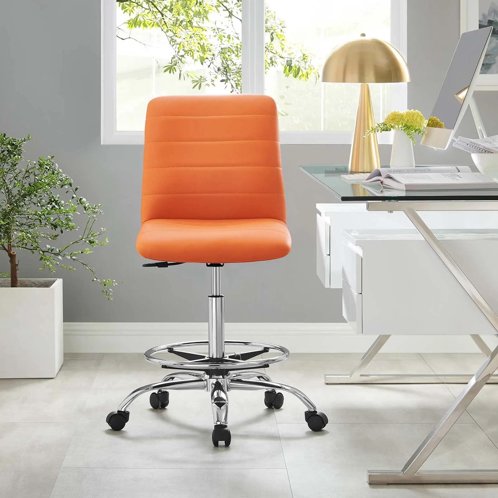 Ripple Armless Vegan Leather Drafting Chair Silver Orange EEI-4980-SLV-ORA