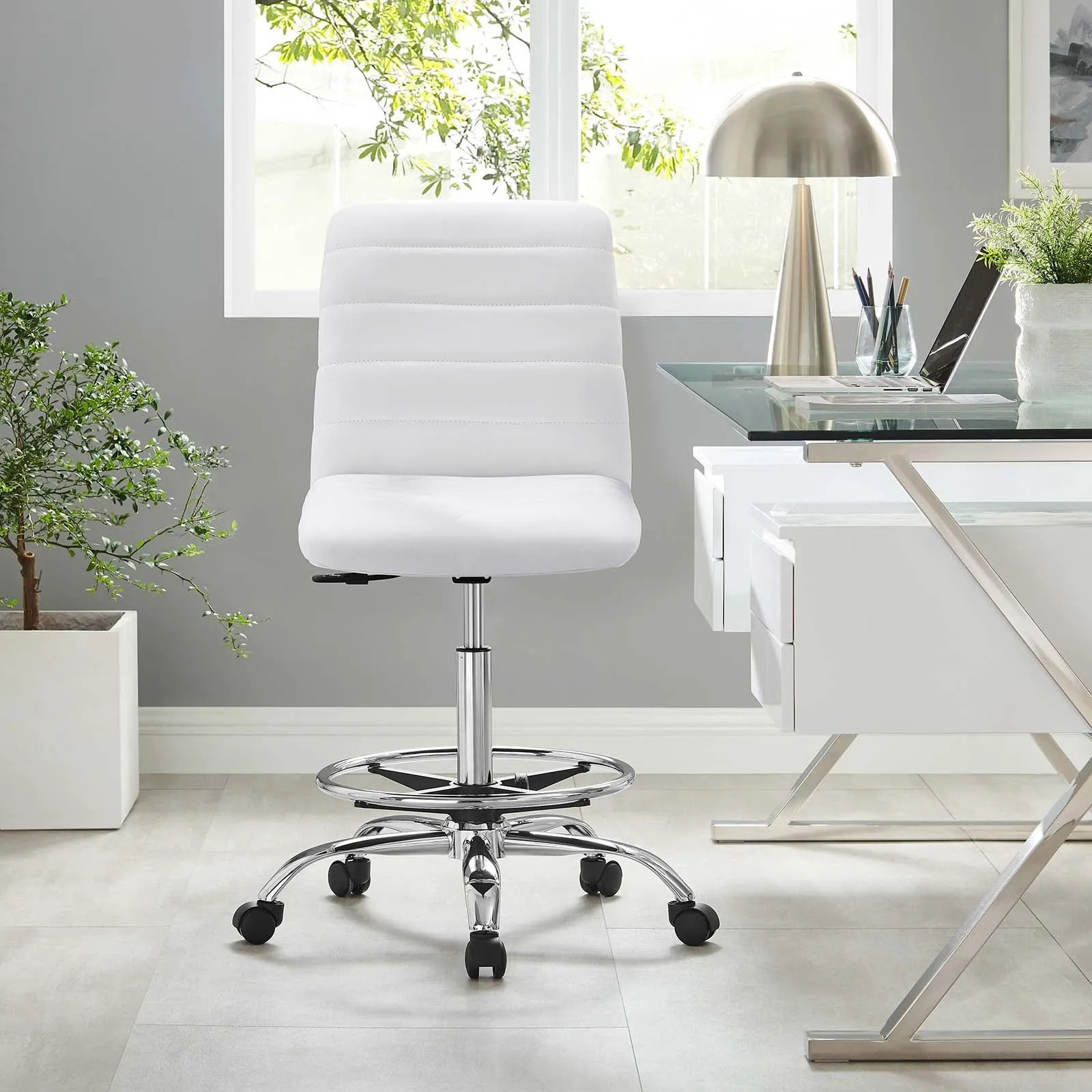 Ripple Armless Vegan Leather Drafting Chair Silver White EEI-4980-SLV-WHI