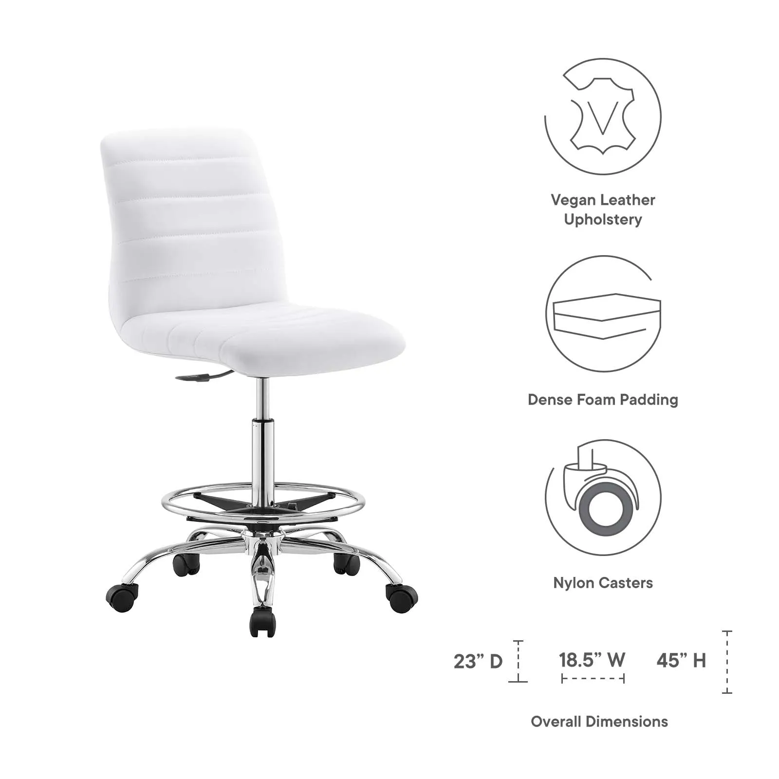 Ripple Armless Vegan Leather Drafting Chair Silver White EEI-4980-SLV-WHI